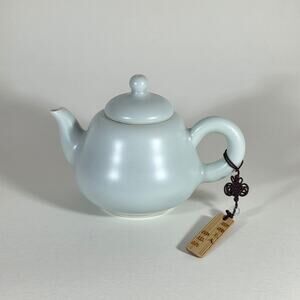 Chinese Ceramic Teapot w/ Bamboo Charm – Light Blue Glaze – 5"